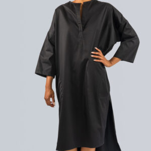 A front view of a collarless shirt dress with side slits