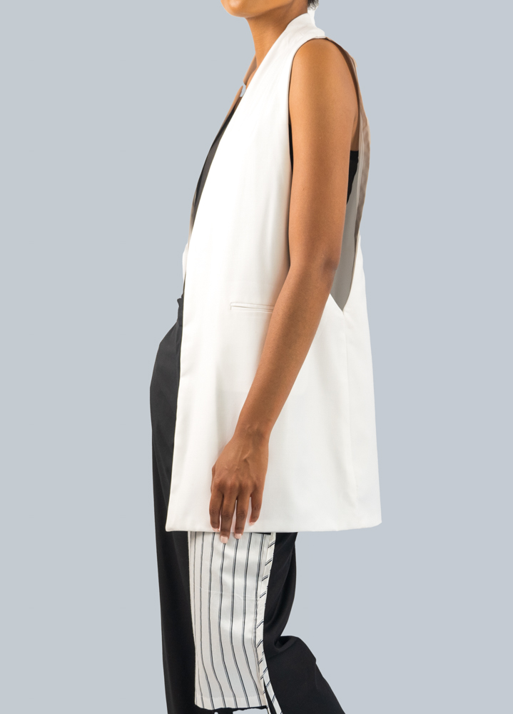 A side view of a stylish outfit