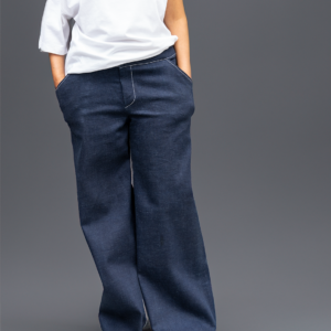 A front view of a woman wearing wide leg slimming pants