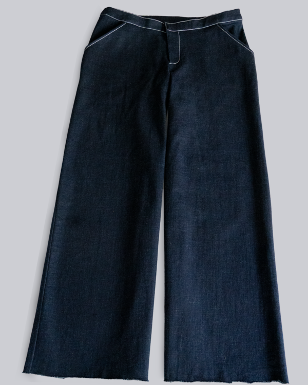 A front view of wide leg dark blue denim pants