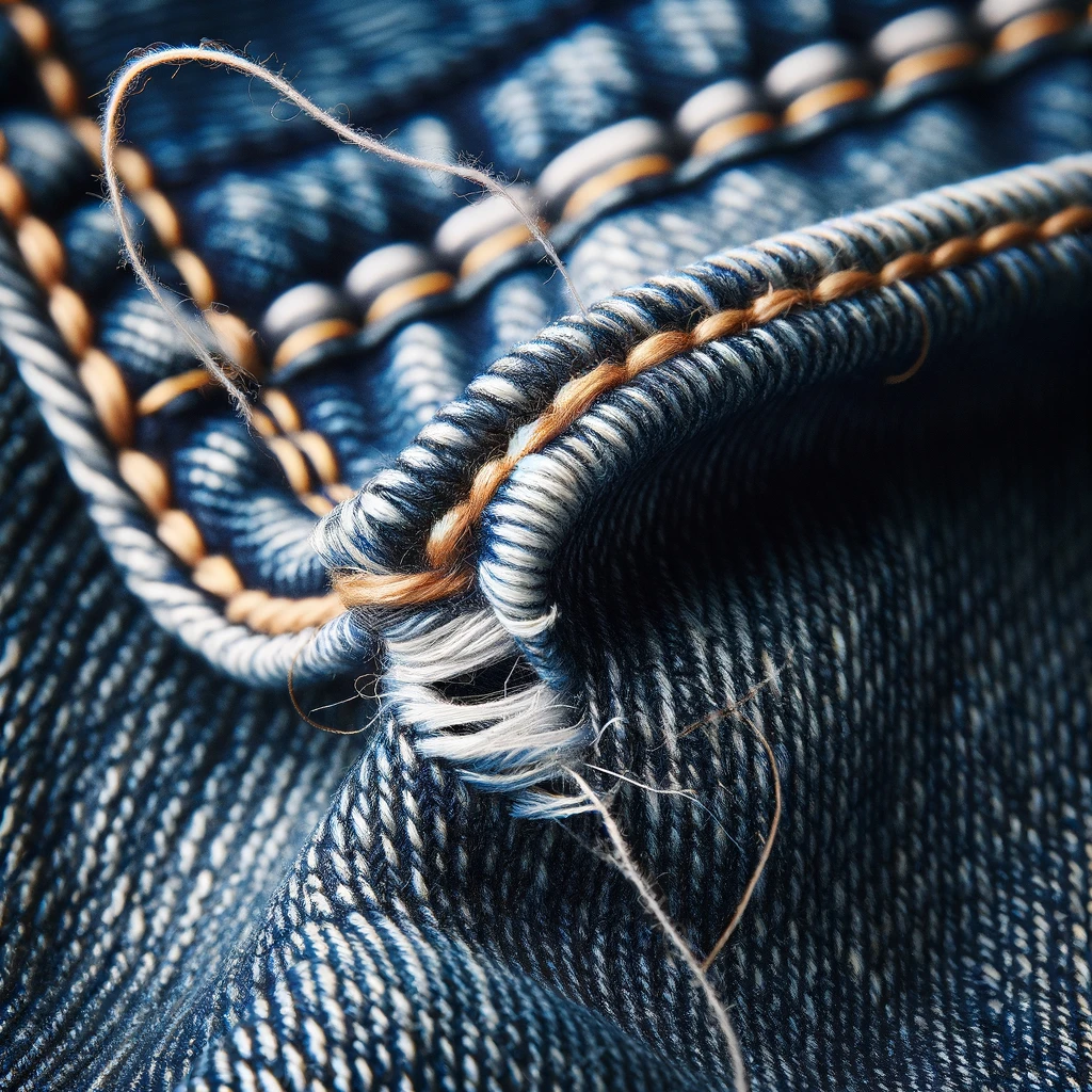 DALL·E-2024-03-24-11.02.52-An-image-of-a-piece-of-denim-clothing-with-a-sewing-flaw-showcasing-where-dark-denim-fabric-meets-a-lighter-fabric.-The-focus-is-on-a-small-detail-wh - An image showing garment quality flaw