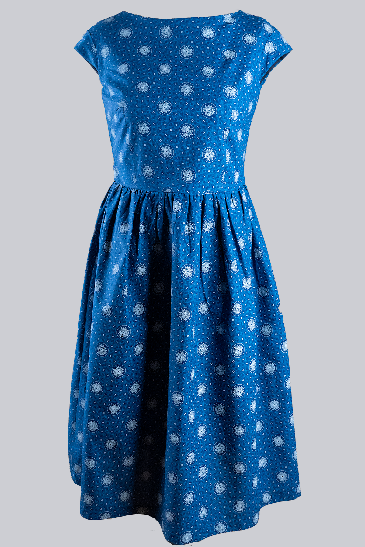 Blue shweshwe dress front view