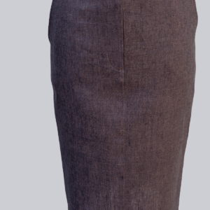 Front view — brown linen pencil skirt with extended waistband and clean front seam.