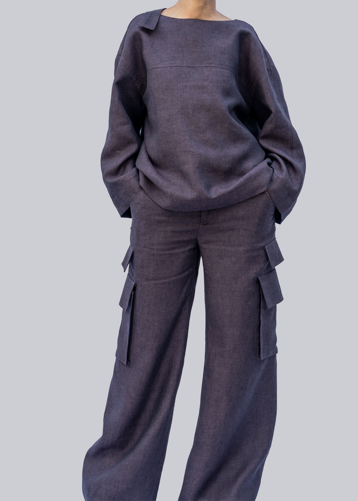 Front view brown linen strap-front top with relaxed boxy silhouette and wide sleeves - Front view — brown linen strap-front top with relaxed boxy silhouette and wide sleeves